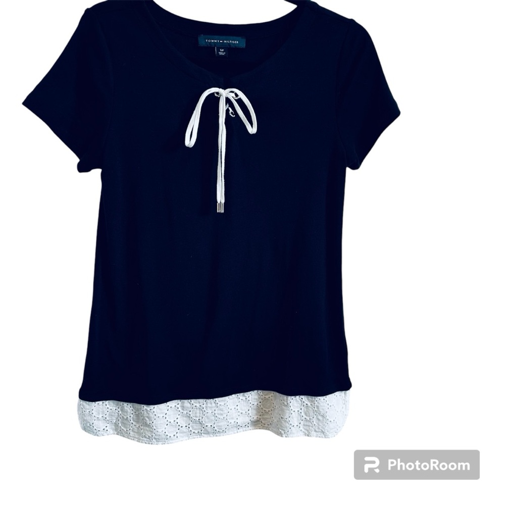 Tommy Hilfiger Navy T with tie and eyelet trim.